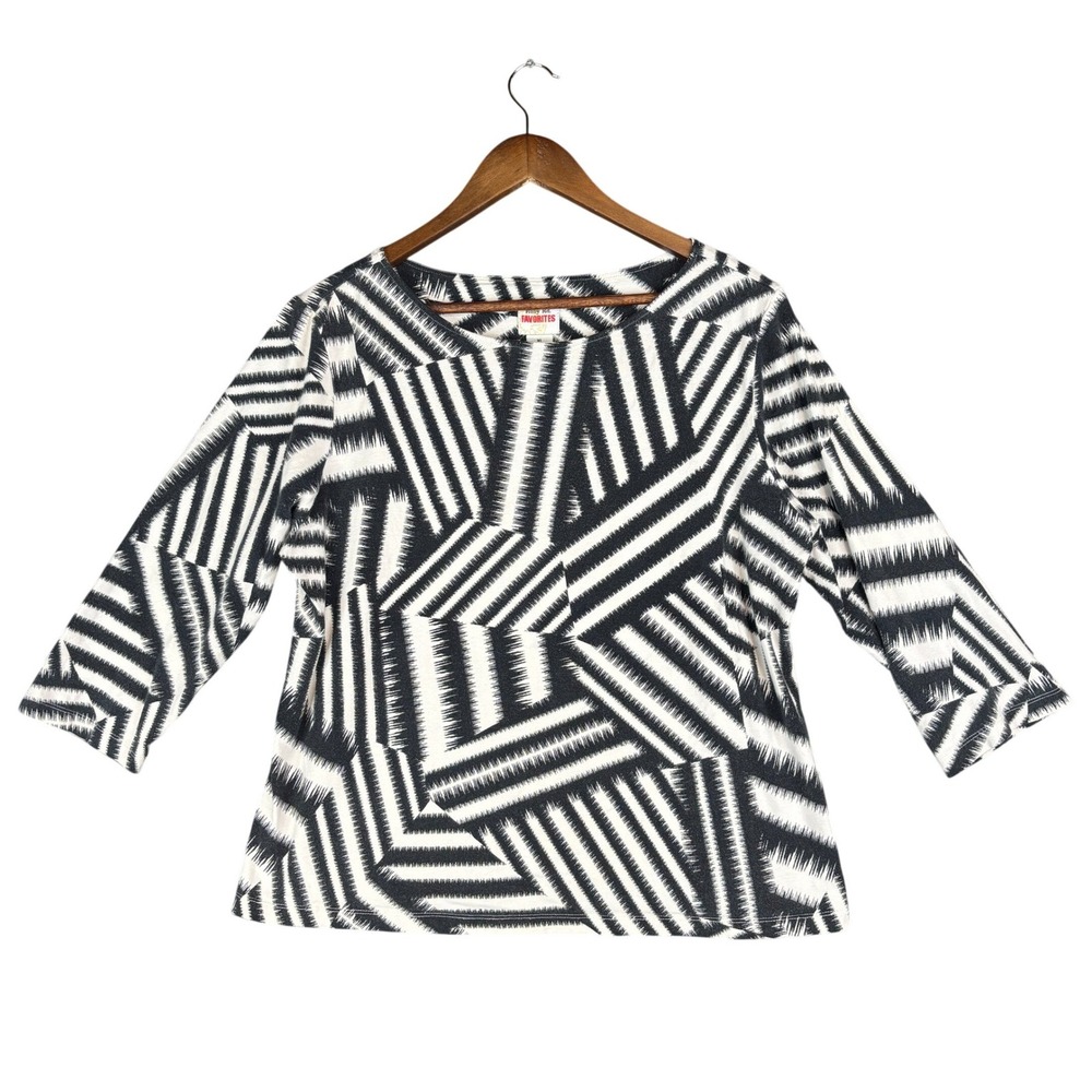 Ruby Rd Favorites Womens XL Black White Geometric Stripe 3/4 Sleeve Knit Top